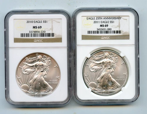 2010 & 2011 MS69 NGC BU SILVER EAGLE .999 1 OZ. COINS!!