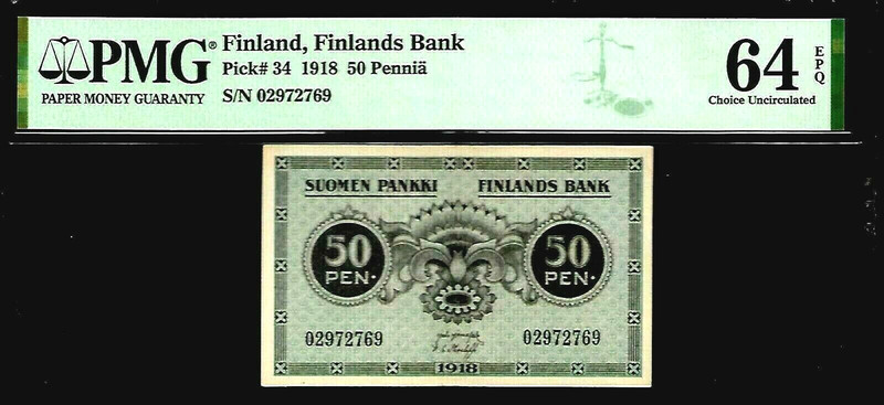 Finland 50 Pennia 1918 PMG 64 EPQ P#34 PMG Population 2/0 Finlands Bank
