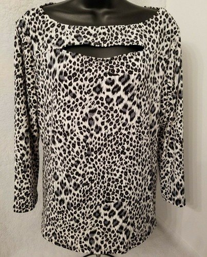 Carmen Marc Valvo Womens Shirt Top Blouse Size L Large Black White Gray Animal
