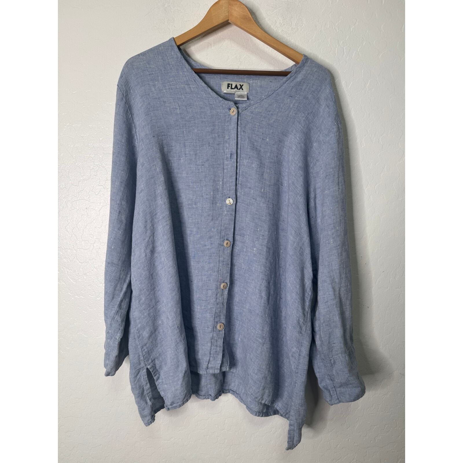 Blusa de lino azul lino con botones delanteros abotonados túnica grande look capas