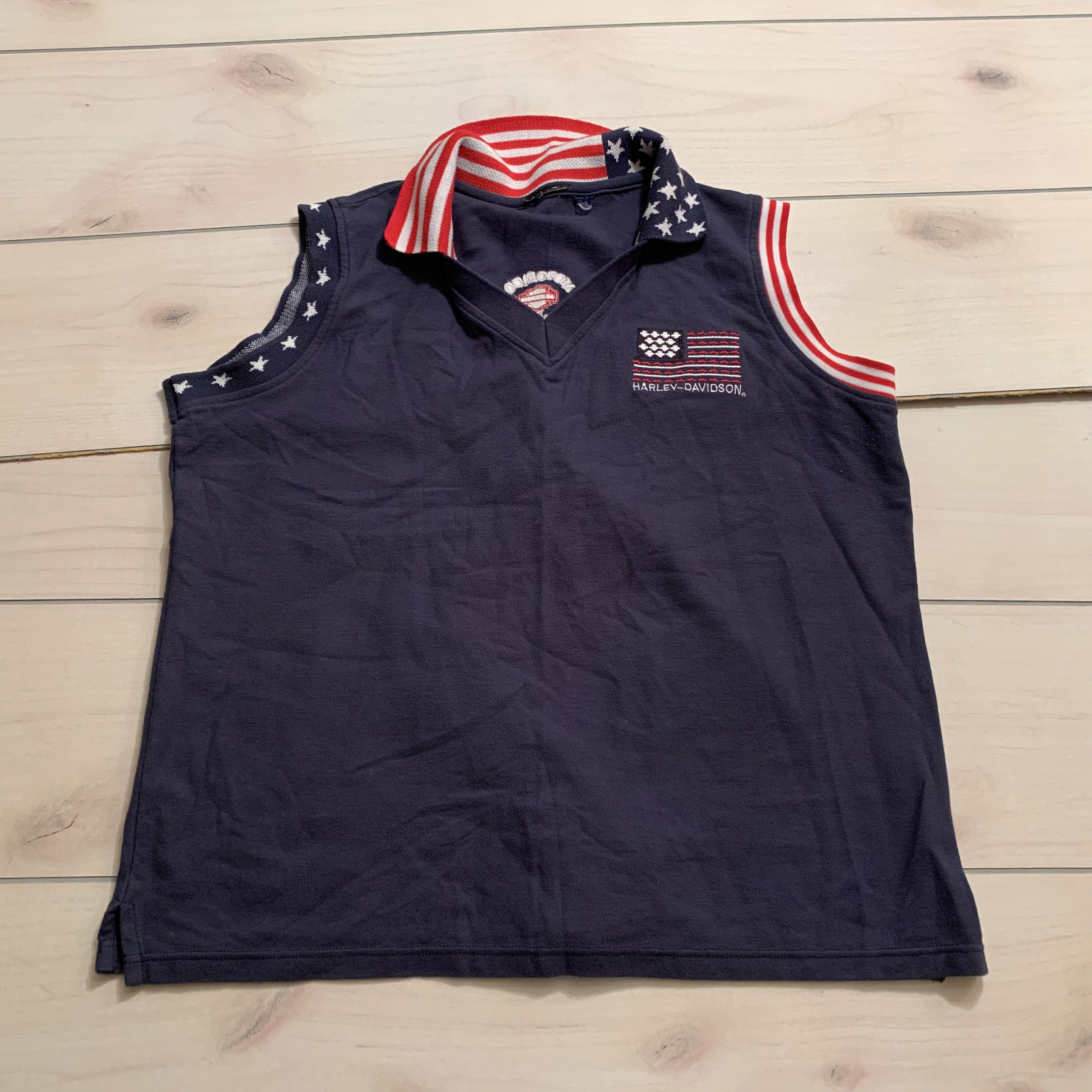 mens XL ? Harley Davidson sweater vest American flag Milwaukee WI navy