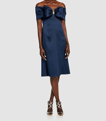 $595 Rickie Freeman Women Blue Bow Front Off Shoulder Stretch A-Line Dress Sz 8