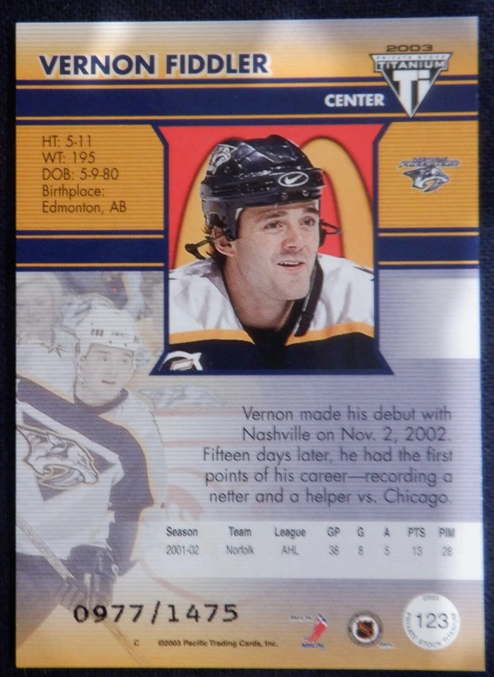 Vernon Fiddler Pacific Private Stock Titanium rookie card 123 - 1475 2002 03 NHL - Image 2 of 2