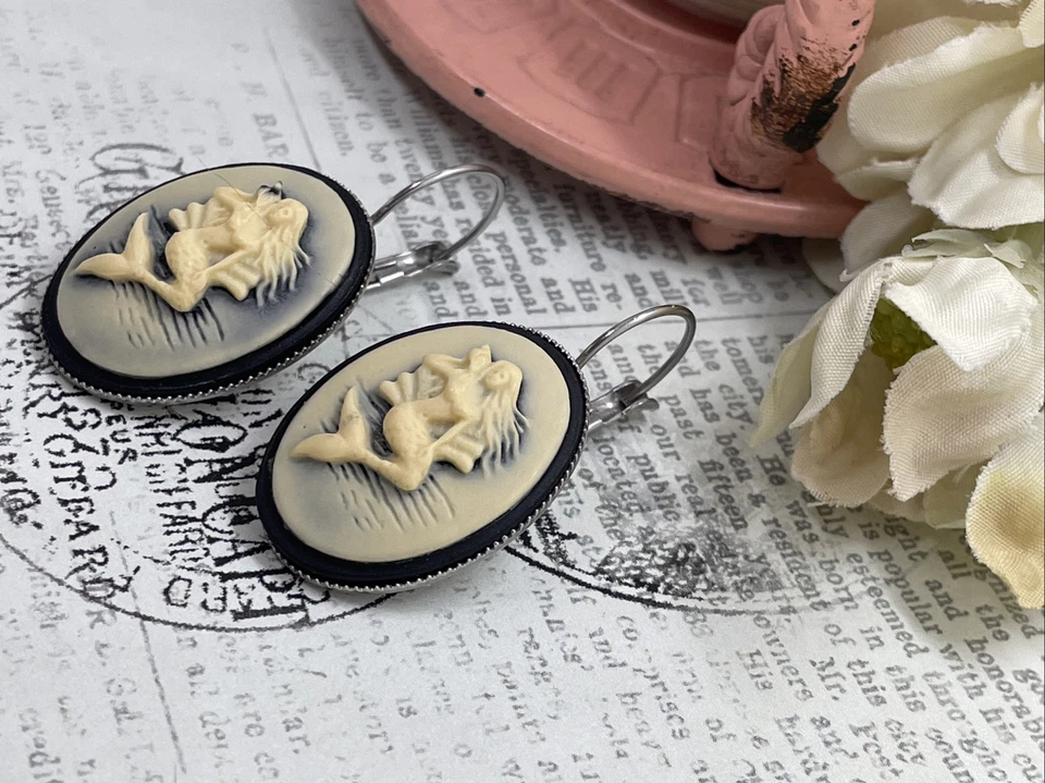 Brincos de prata preta sereia presente de casamento aniversário camafeu aniversário vida marinha - Imagem 4 de 4