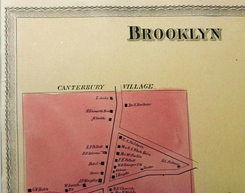 ANTIQUE 1869 BROOKLYN TOWN, CANTERBURY VILLAGE, CT HAND COLORED MAP, O. W. GRAY - Image 3 of 4