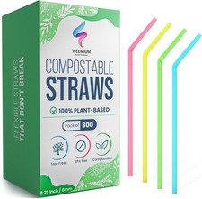 Compostable Straws Disposable 300 Pack 8.25" 100 Plant-Based Plastic-PLA,