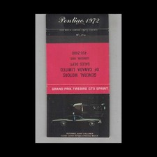 Matchbook Cover Pontiac Dealer 1972 Grand Prix - Firebird - Gto - Sprint 4 Matchbook Cover Pontiac Dealer 1972 Grand Prix - Firebird - Gto - Sprint 4
