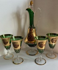 Vtg Italian Venetian Emerald Green Glass W/Gold Inlay Decanter Set W/4 Goblets