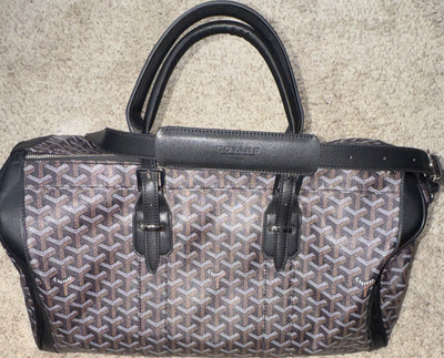Goyard 18in Leather Geometric Duffle Bag Brown/Black Shoulder Strap Zip