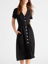Quince 100% European Linen Button Front Dress in Black XS
