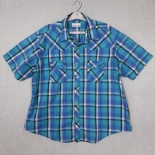 Wrangler Wrancher Shirt Men's XL Blue Plaid Pearl Snap Short Sleeve Western