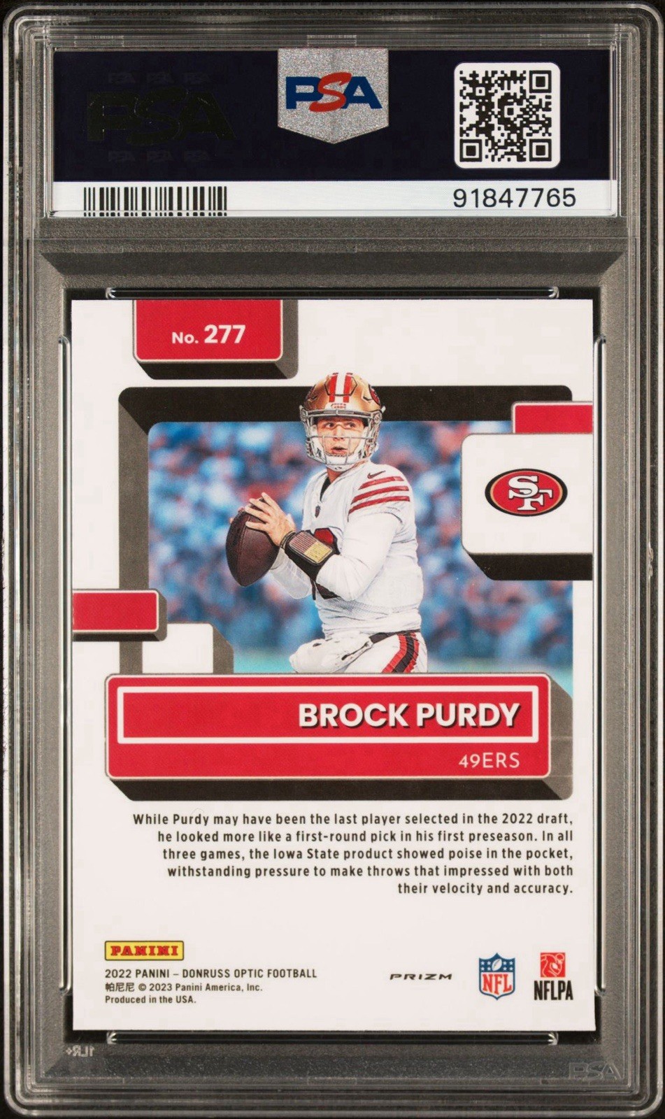 2022 Panini Donruss Optic Brock Purdy Stars RC Rated Rookie #277 49ers PSA 9 view 2