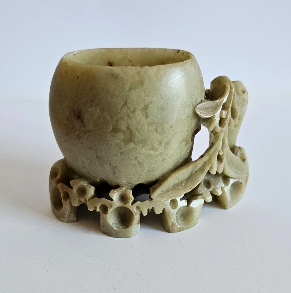 Jarrón antiguo miniatura chino tallado piedra jabonera escultura hojas talladas Foto 2 de 4