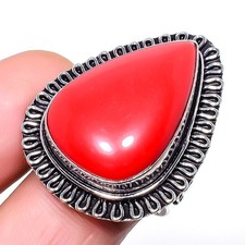 Coral Gemstone 925 Sterling Silver Ring Size 8 c195