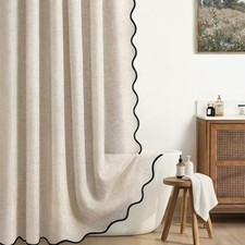 Scalloped Shower Curtain Linen Textured with Metal Hooks, Waterproof Fabric N...