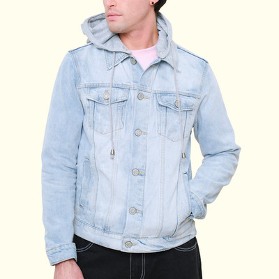 Victorious Men's Distressed with Removable Hoody  Wash Denim Jacket DK109 