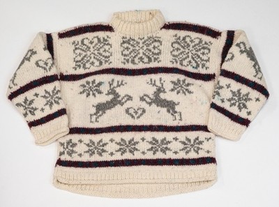 True Vintage Handknit 60s Cowichan Nordic Wool Sweater M Reindeer Heritage Ivory
