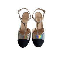 Chanel Multicolor Iridescent Leather & Fabric CC Pearl Embellished T Strap Pumps