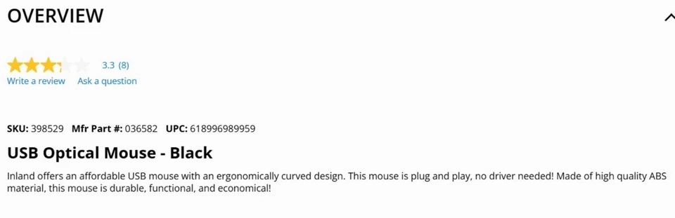 INLAND USB OPTICAL MOUSE BLACK WIRED PC MAC ANDROID CHROME LINUX NEW #398529 - Image 4 of 4