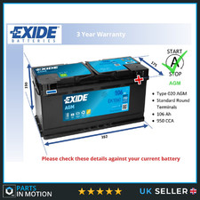 AGM Car Battery EK1060 Exide 020 AGM 950A 106Ah 3Yr WTY 392x175x190 Start Stop