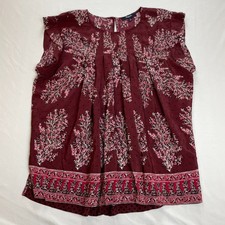 Madewell Burgundy Floral Polka Dot Pleated Front Cap Sleeve Blouse Size L