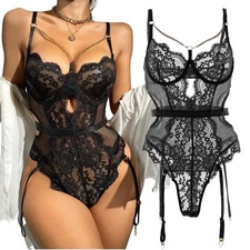 Women Sexy Lingerie V-Neck Bodysuit Garter Belts Lace Sleepwear Nighty Underwear
