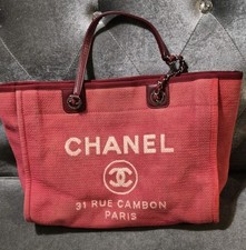 CHANEL Deauville Red Canvas Burgundy Leather/Chain Straps Purse, EUC, AUTH