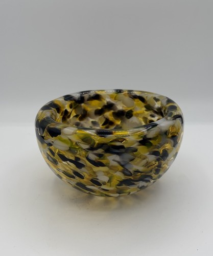 Vintage MCM Bright Yellow Purple Speckle Confetti Double Wall Art Glass Bowl 6”