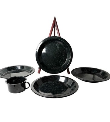 4 Speckled Black Metal Enamelware Dinner Plates/Shallow Bowls & 1 Mug