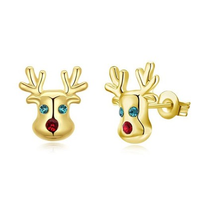 Hypoallergenic Stud Earrings 14K Gold Rose Gold Cute Small Animal CZ Reinde - 01