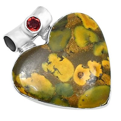 Premium Heart Bamboo Jasper & Garnet 925 Sterling Silver Pendant Jewelry P-1300
