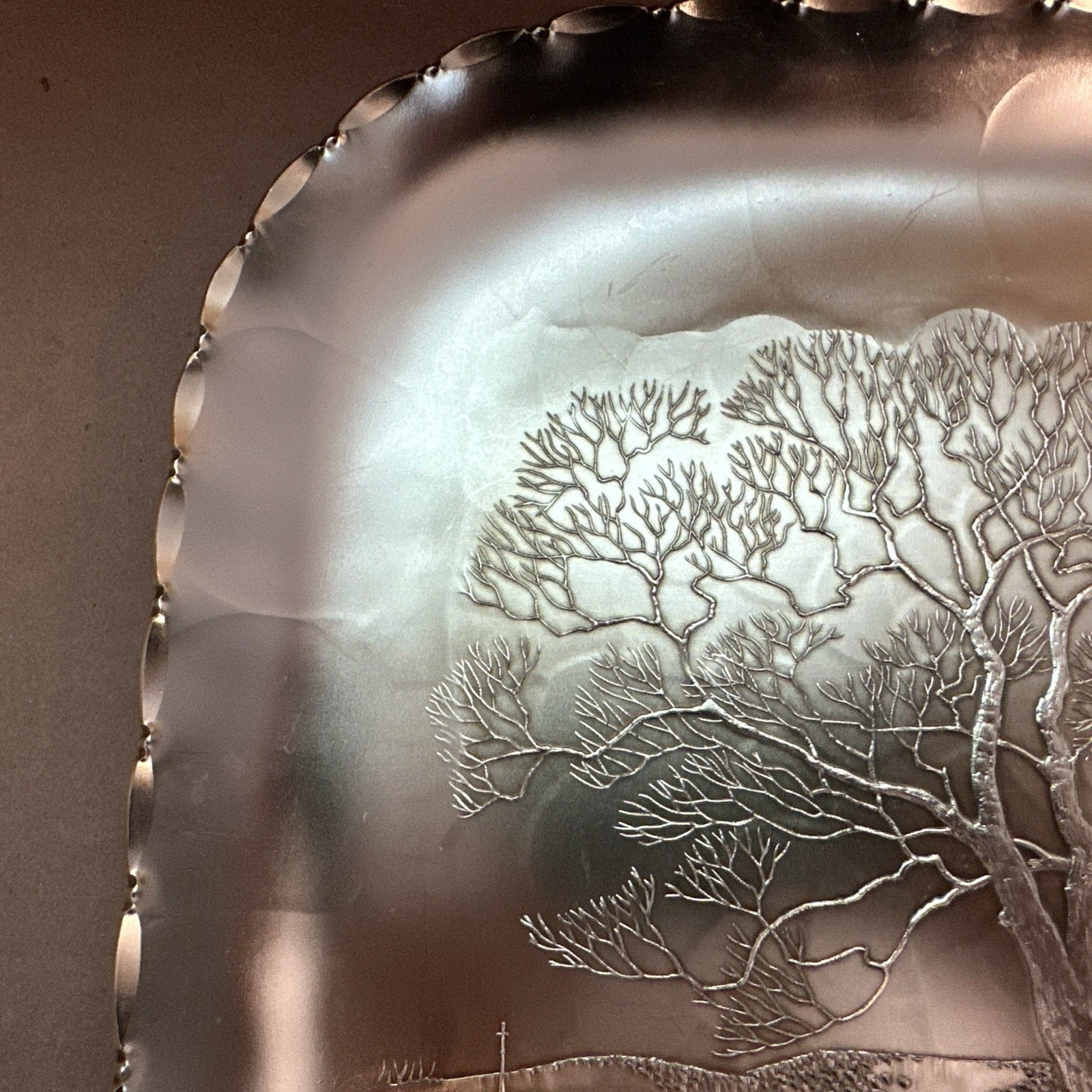 Arthur Armour Hammered Aluminum Gold Tray Tree Church Scene 11-5/8" x 11-5/8"