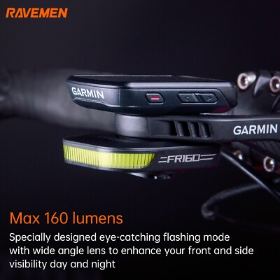 RAVEMEN FR160 Bike Light - Rechargeable Out-Front Headlight For Garmin Mounts (75mm Black)