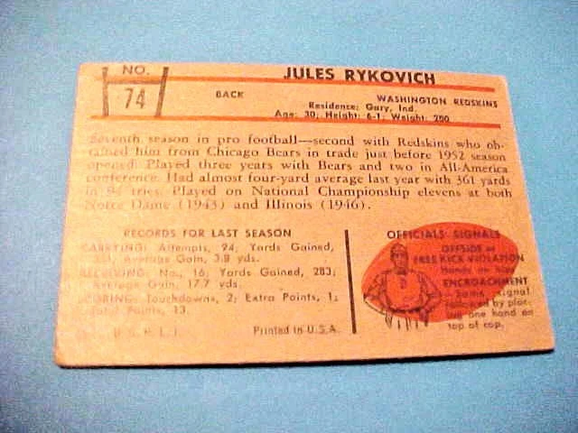 1953 Bowman Jules Rykovich #74 Sports Card Washington Redskins Football S628 - Image 2 of 2