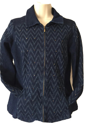 Y2K Alfred Dunner Denim Jacket 6P Blue Full Zip Chevron Studded Boho Retro Glam