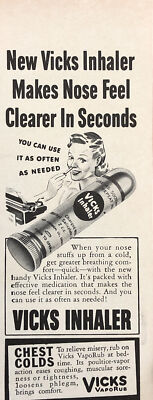 1942 Vicks Inhaler PRINT AD Nose Clearer Seconds VTG 1940s VapoRub Chest Colds