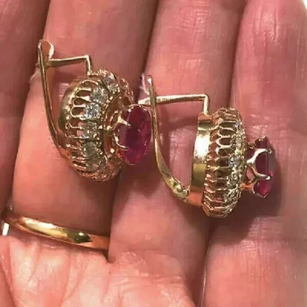 4Ct Lab Created Oval Pink Ruby Halo Drop Dangle Earrings 14K Yellow Gold Plated - Image 3 of 4