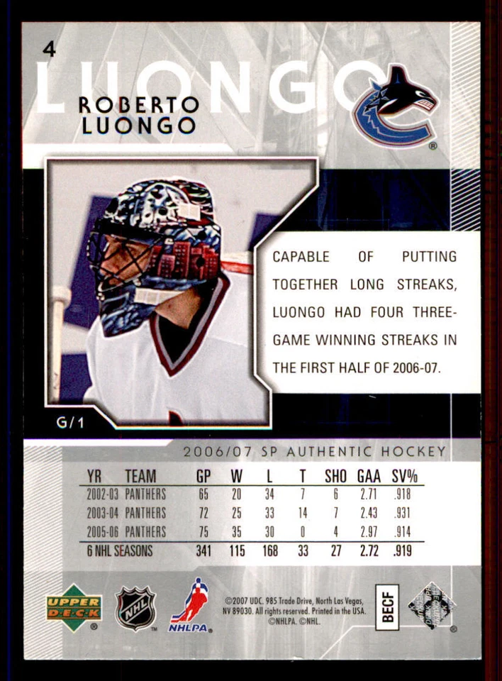 2006-07 SP Authentic #4 Roberto Luongo - Image 2 of 2