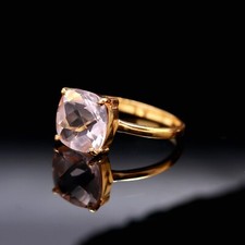 Natural Rose Quartz Cushion Ring Gold Plated Jewelry Engagement Gift For Her