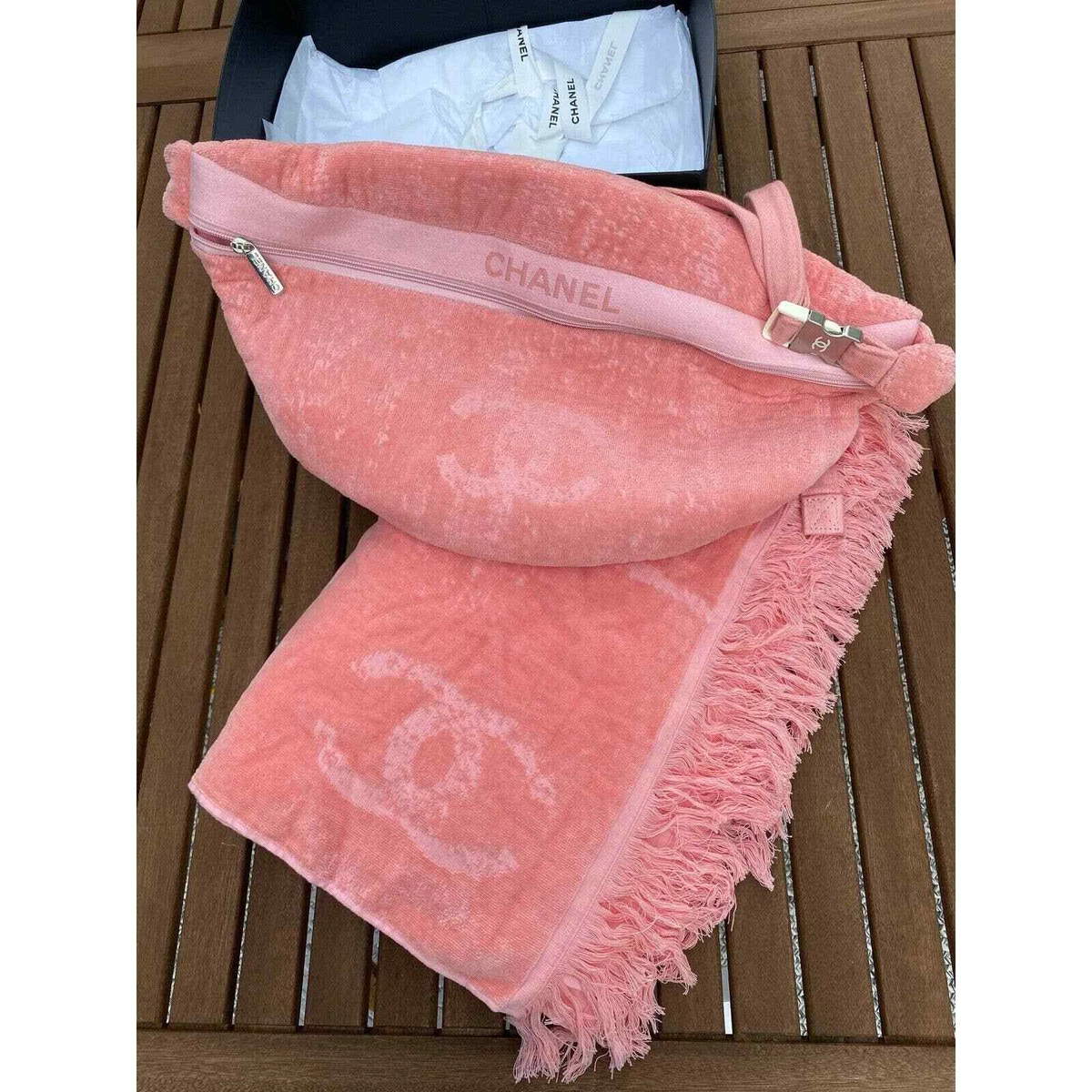 Chanel 20P XXL Pink CC Logo Cotton Beach Towel Bag Set Fanny Crossbody Bum  Bag