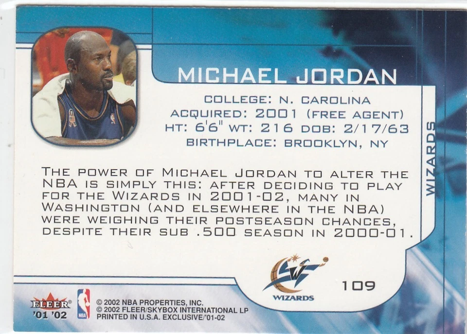 2001-02 Michael Jordan Fleer Exclusive MEMBERS ONLY #109 - Wizards Bulls HOF - Image 2 of 2