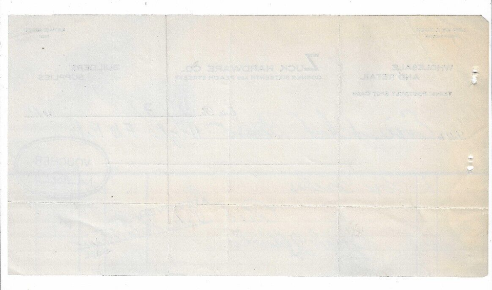 1911 Receipt, Zuck Hardware Co, Erie Pennsylvania, To Erie School