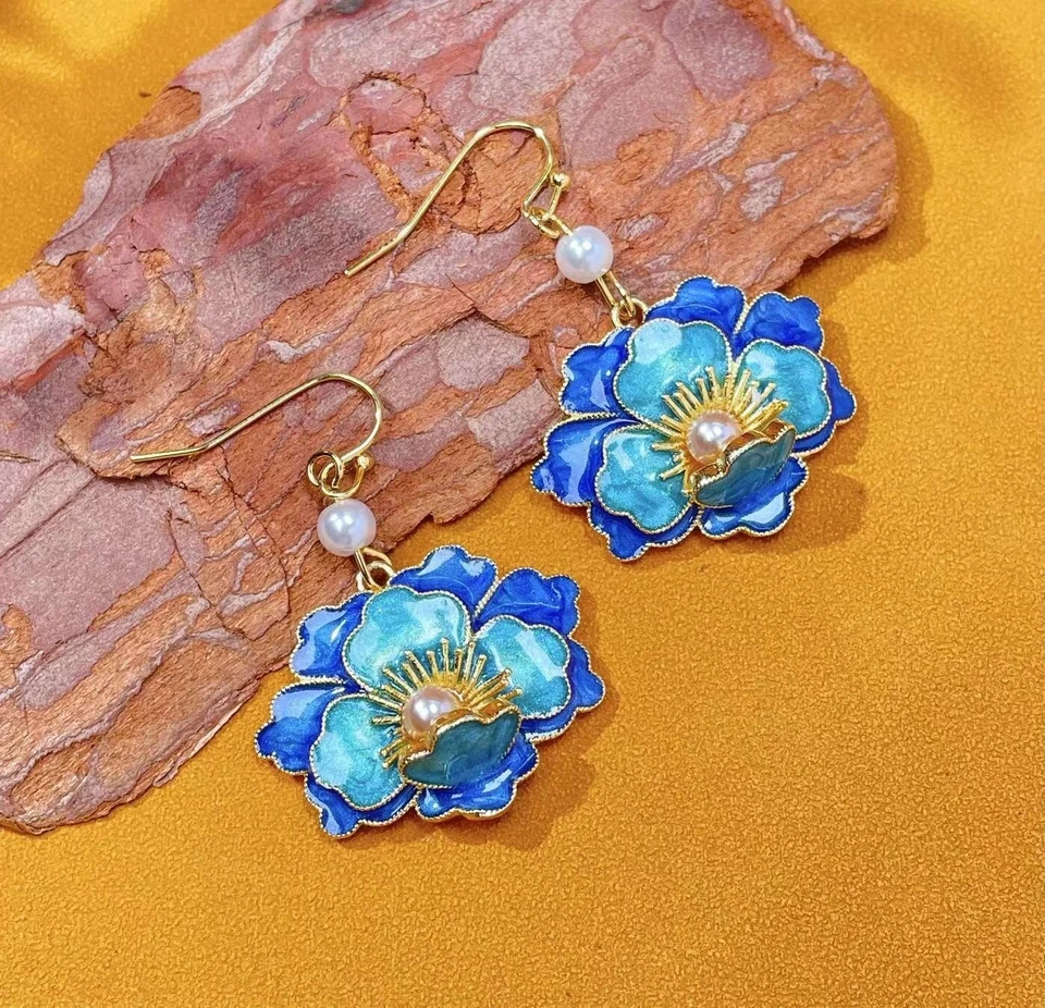 925 Silver Plated Cloisonne Blue Flower Earrings Tassel Dangle Vintage Hook - Image 4 of 4