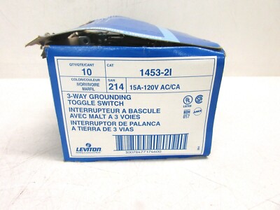 NOS! LOT of (10) LEVITON 15A-120V 3-WAY GROUNDING TOGGLE SWITCH, 1453-2I, IVORY