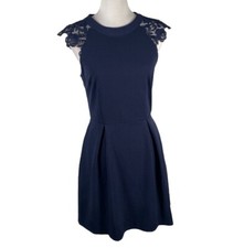 Speechless Navy Blue Crew Neck Lace Shoulder Sleeveless Fit & Flare Mini Dress M