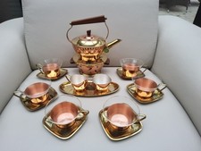 Tee Service Messing Kupfer Kanne Stövchen 6 Tassen Untersetzer Zucker Milchgefäß