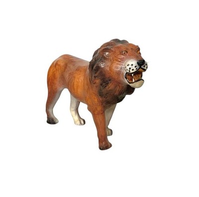 Lion Sculpture Leather Wrapped Big Cat Glass Eyes Statue Vintage Safari Decor