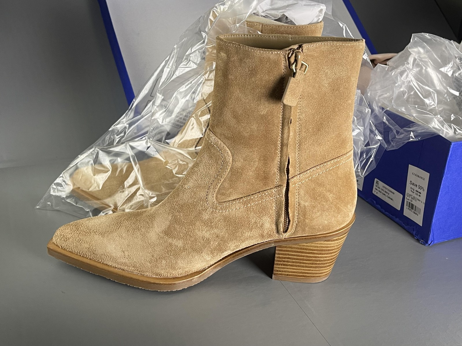 Stuart Weitzman Tate Bootie Boots Womens Size 7 Camel Suede Ankle Block Heel