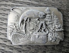 Vintage Fisherman Belt Buckle Sportsman Trout Fishing Nature Siskiyou 1989