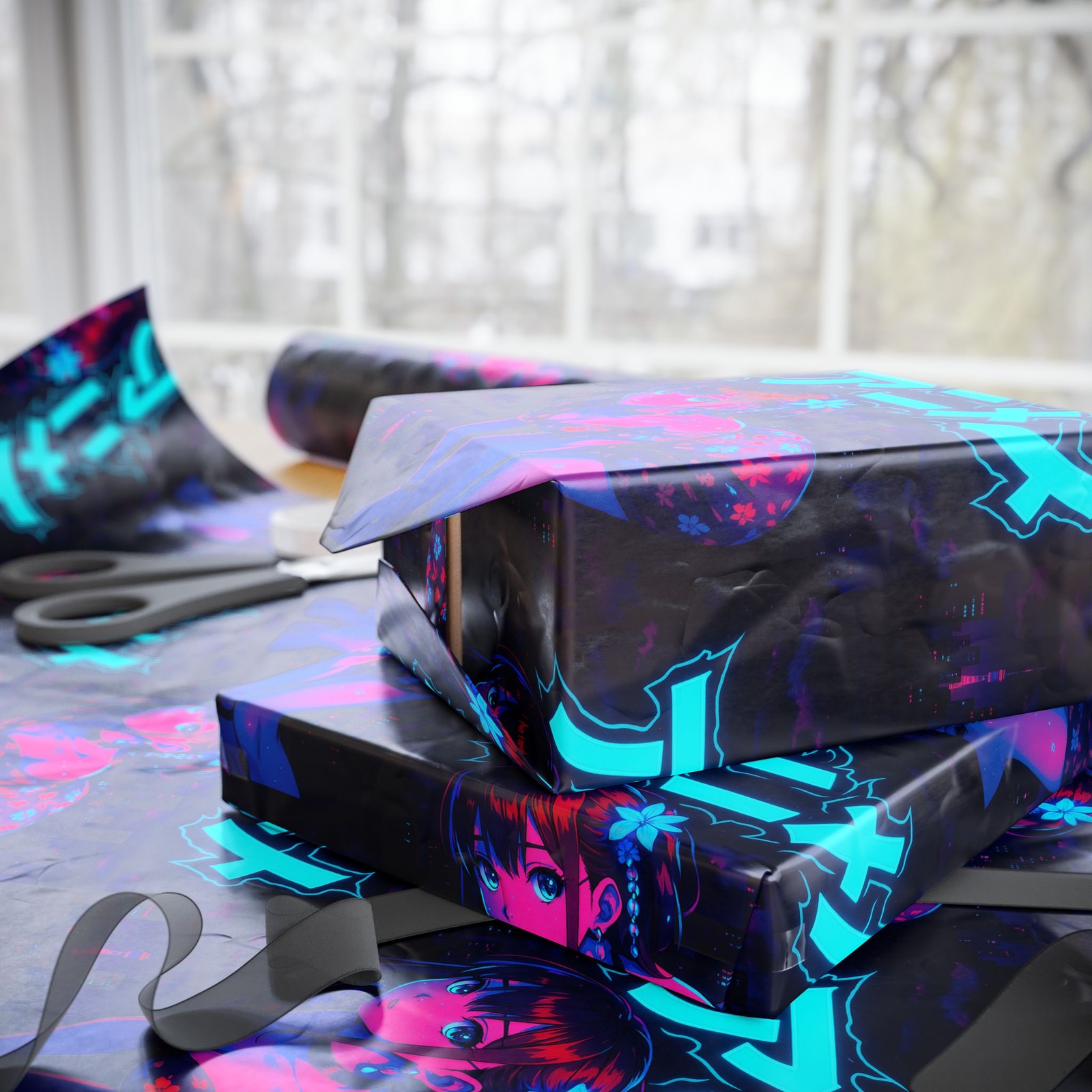 Anime Neon Gift Wrapping Paper | Creative Packaging, Waifu JDM Y2K Birthday